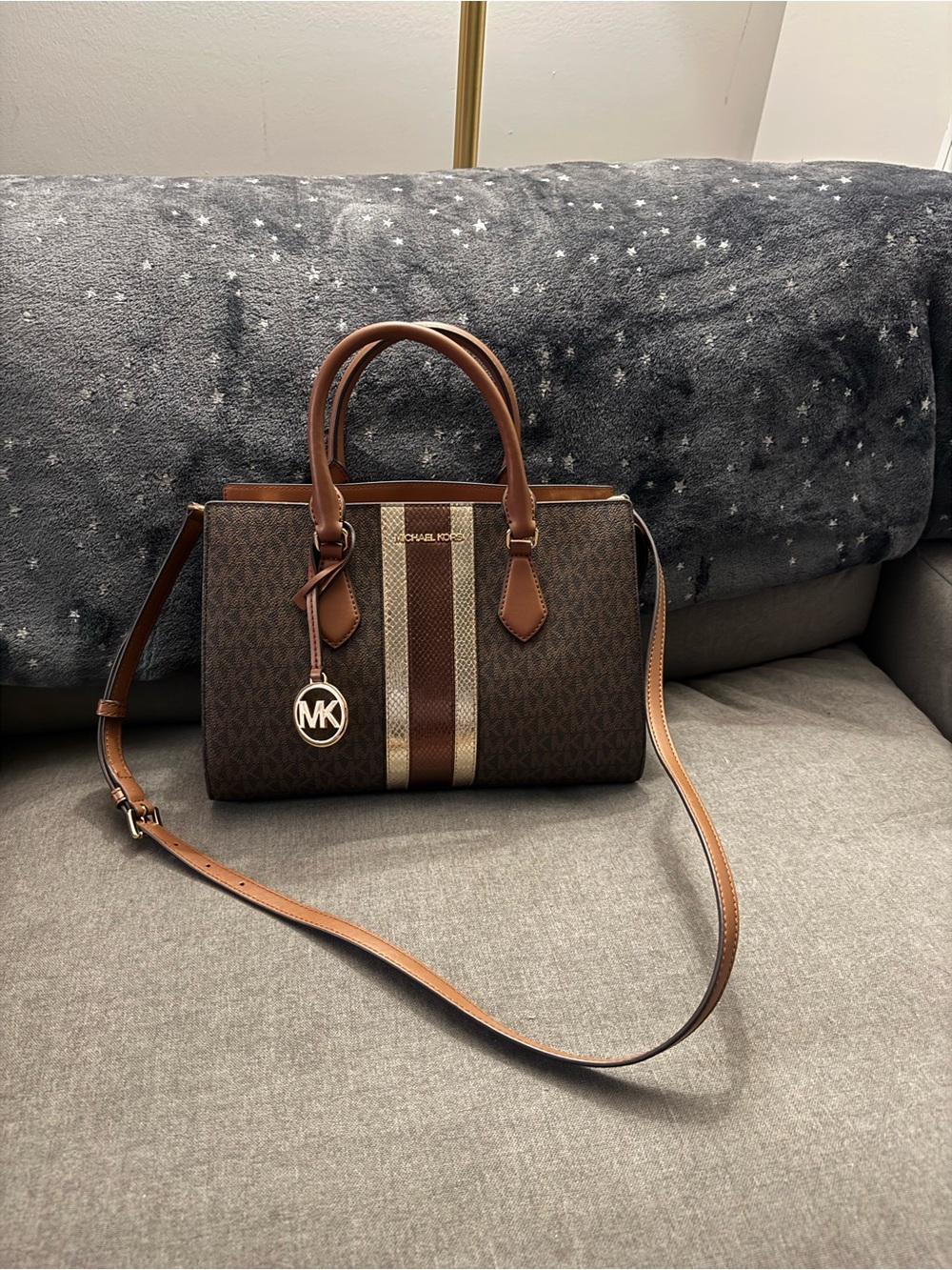 Michael Kors Sheila Medium Signature Logo and Metallic Satchel